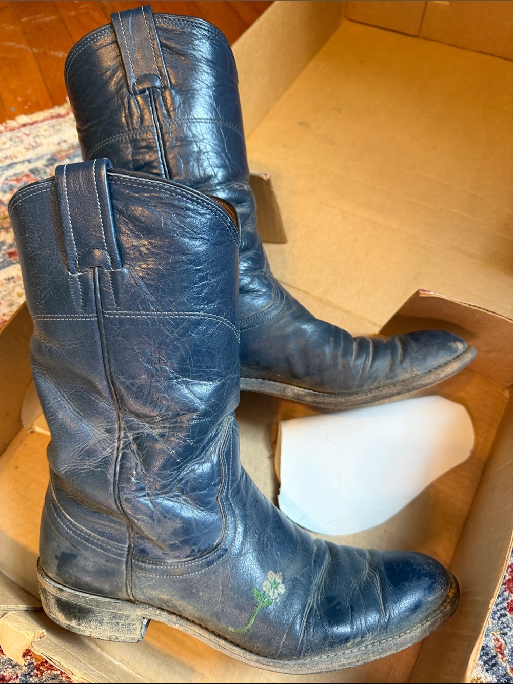Navy roper Leather Western Boots with Subtle Floral Detail
